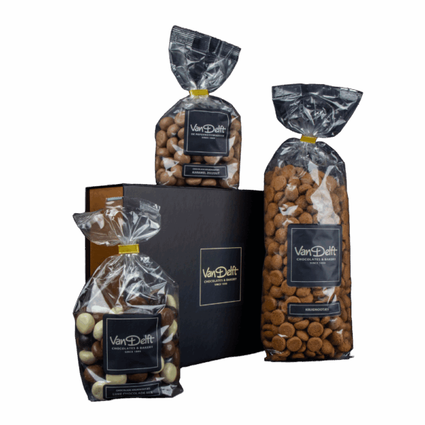 Sinterklaas geschenk met 500gr naturel, luxe mix en karamel zeezout kruidnoten